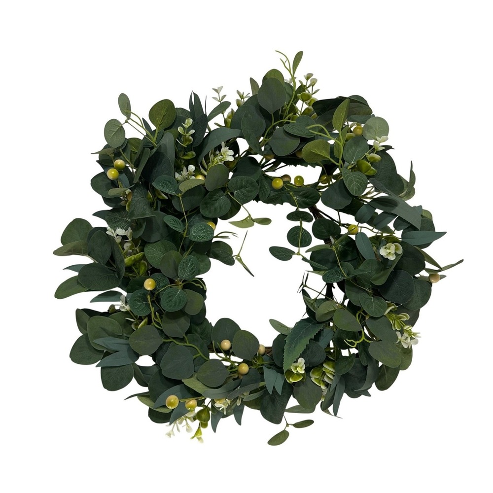 Artificial Eucalyptus Wreath Greenery Green Berries and White Flowers 18 Inch